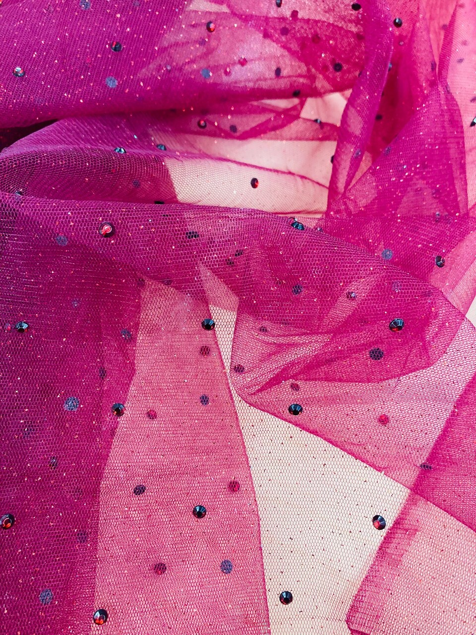 1 Yard Champagne Glitter Mesh Fabric with Scattered Rhinestones Stretch 60 Inch Width